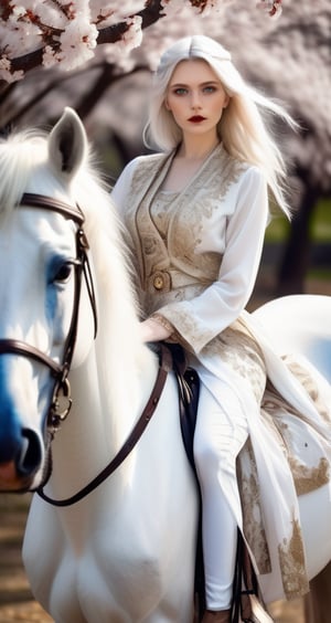professional photo .a young woman riding a beautiful white horse, looking at the camera, gold+ white dress in Gothic + boho style, The white hair is beautifully braided, , blue eyes. against the backdrop of cherry blossoms.