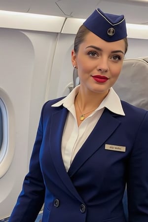 Airplane, Airplane interior, Russian stewardess, Stewardess uniform, Blue stewardess jacket, white stewardess blouse, Blue stewardess cap, Red lips, realistic, photo 