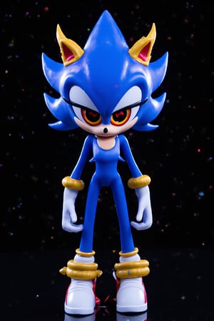 A medium-sized cartoon figure of Shadow Hedgehog stands against a stark black backdrop. The figure, dressed in a vibrant blue outfit, adorned with a pair of white gloves, is adorned with gold rings, adding a pop of color to the scene. Its eyes are adorned with large red and yellow accents, creating a striking contrast against the space galactical background.