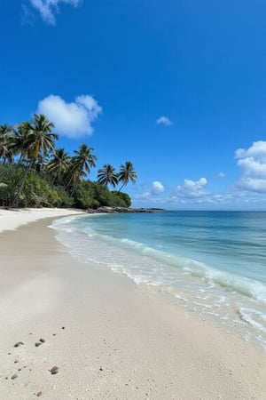 Tropical beach,Sand,Ocean,Palm trees,Blue Skye,Clouds,No humans, realistic