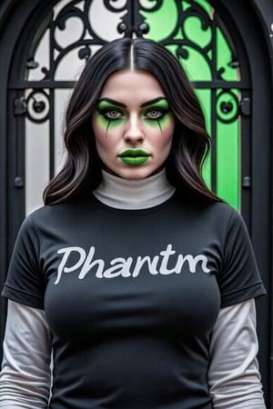 A 3D animated phantom woman stands in front of a black wrought iron gate. She is dressed in a black and white t-shirt with a white collar and long sleeves. Her hair is long and cascades over her shoulders. Her eyes are a piercing green, her lips are pursed in a neutral expression. Her left hand is raised in the air, her right hand resting on her hip. Her right hand is positioned to her right, adding a touch of green to the scene. A phantom halloween makeup in her face,Halloween makeup. Green lips.