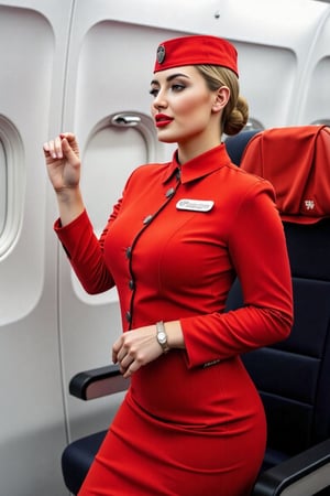 Airplane, airplane interior, Russian stewardess, beautiful face, red lips, red stewardess uniform, red skirt, red stewardess cap