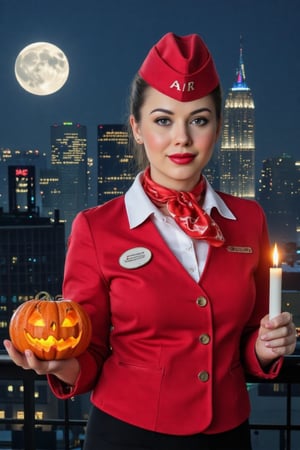 Halloween style. Night. City. Full moon. Beautiful 35 years old russian stewardess girl in red uniform with white blouse. Big white text "AIR" in her uniform. Beautiful face. Red lips. Red stewardes cap in her head. Halloween pumpkin in her left hand. Candle in her right hand. Realistic.