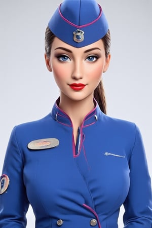 Cartoon,Airplane,Beautiful russian stewardess,Stewardess uniform,Red lips, blue stewardess jacket, blue stewardess cap, 3d model of stewardess,realistic cartoon