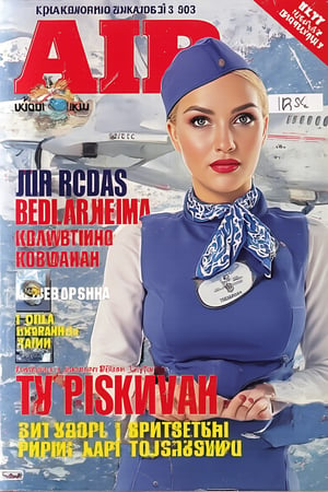 Magazine cover, text "AIR",Airplane,Beautiful russian stewardess,Stewardess uniform,Red lips, Blue cap of stewardess, blue skirt of stewardess, photo, realistic