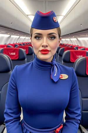 Airplane, airplane interior, Russian stewardess, beautiful face, red lips, blue stewardess uniform, blue skirt, blue stewardess cap, realistic