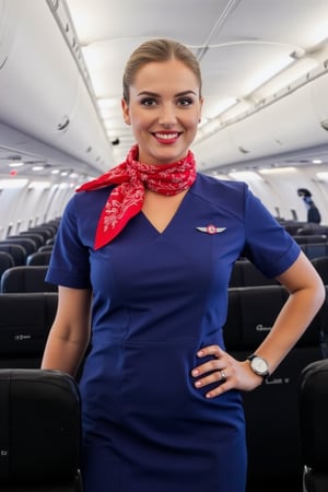 A russian stewardess stands in the aisle of an airplane. She is dressed in a blue dress with a red scarf tied around her neck. Her hair is a ponytail and she is smiling at the camera.  Blue stewardess cap on her head. Red lips. She has a silver wristwatch on her left wrist. The flight attendant's uniform is adorned with a white emblem on the front of her dress. She stands with her left hand on her hip and her right hand is resting on a black seat. The interior of the airplane is lined with rows of black seats. The ceiling of the plane is white, and the lights are turned on.