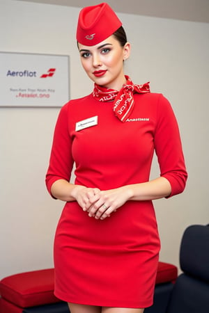 First class of Aeroflot flight. A russian air hostess, brunette, perfect, dressed in a red flight attendant uniform, with a sexy short mini-skirt, bentover, serves him a dish of caviar and a glass of wine. White text "Anastasia" in her dress. Watching at viewer. The atmosphere on the plane is cozy, luxurious, high_resolution, high quality, professional photo shoot, high brightness. Red stewardess cap. Red lips.