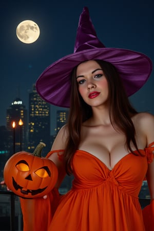 Halloween style. Night. City. Full moon. Beautiful 25 years old witch girl in orange halloween costume. Beautiful face. Red lips. Purple witch hat in your head. Halloween pumpkin in her left hand. Candle in her right hand. Realistic.