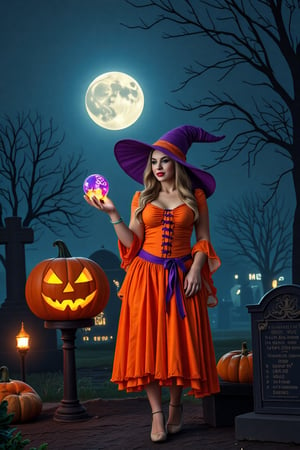 A beautiful blonde witch in  orange halloween witch costume walked through the cemetery at night. Purple witch hat. She spilled a magic elixir in the cemetery. Full moon. Neon lighted Halloween pumpkin, Halloween style. Magic elixir in her left hand. Spilled purple magical elixir on the ground. Beautiful face. Red lips. Realistic.