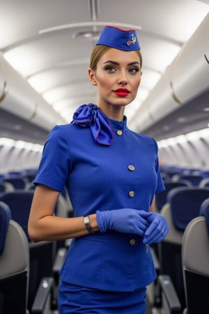 Airplane, airplane interior, Russian stewardess, beautiful face, red lips, blue stewardess uniform, blue skirt, blue stewardess cap, realistic, beautiful hands