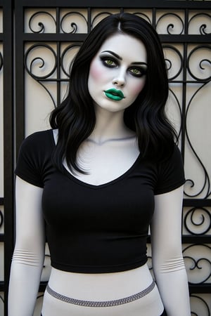 A 3D animated phantom woman stands in front of a black wrought iron gate. She is dressed in a black and white t-shirt with a white collar and long sleeves. Her hair is long and cascades over her shoulders. Her eyes are a piercing green, her lips are pursed in a neutral expression. Her left hand is raised in the air, her right hand resting on her hip. Her right hand is positioned to her right, adding a touch of green to the scene. A phantom halloween makeup in her face,Halloween makeup. White zombie color of her face. Green lips. No text. No watermark.