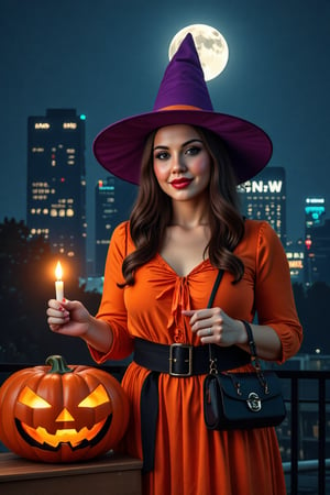 Halloween style. Night. City. Full moon. Beautiful 30 years old witch girl in orange halloween costume. Beautiful face. Red lips. Purple witch hat in your head. Halloween pumpkin in her left hand. Candle in her right hand. Realistic.