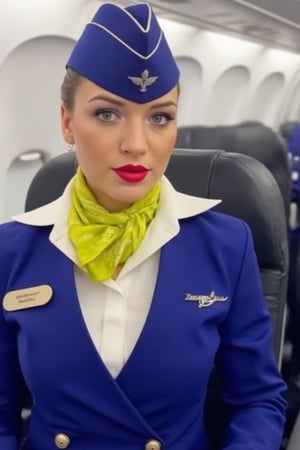 Airplane, Airplane interior, Russian stewardess, Stewardess uniform, Blue stewardess jacket,white stewardess blouse, Blue stewardess cap, Red lips, realistic, photo 