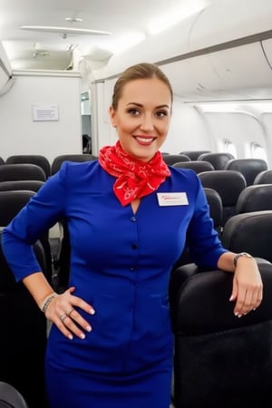 A russian stewardess stands in the aisle of an airplane. She is dressed in a blue dress with a red scarf tied around her neck. Her hair is a ponytail and she is smiling at the camera.  Blue stewardess cap on her head. Red lips. She has a silver wristwatch on her left wrist. The flight attendant's uniform is adorned with a white emblem on the front of her dress. She stands with her left hand on her hip and her right hand is resting on a black seat. The interior of the airplane is lined with rows of black seats. The ceiling of the plane is white, and the lights are turned on.