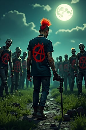 Night. Country. Full moon.  A realistic dark fantasy scene featuring army of the zombies. A lot of zombies. The army of a zombies headed by punk man with big red Mohawk hair. Punk man wear in punk clothes with big red anarchy symbol. Horror style. Zombie with green skins.