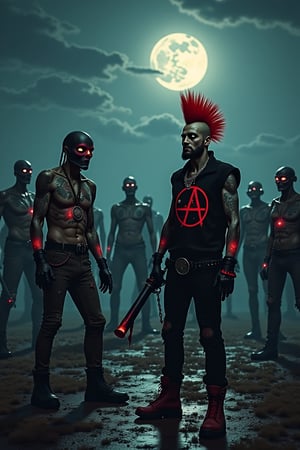 Night. Country. Full moon.  A realistic dark fantasy scene featuring army of the Dead. A lot of zombies. The army of a Dead headed by punk man with big red Mohawk hair. Punk wear in punk clothes with big red anarchy symbol. Horror style.