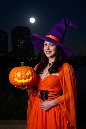 Halloween style. Night. City. Full moon. Beautiful 25 years old witch girl in orange halloween costume. Orange lips. Halloween pumpkin in her left hand. Purple halloween hat. Realistic.