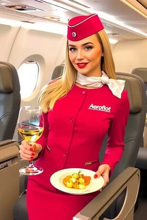 First class of Aeroflot flight. A russian air hostess, scandalous, astonishing, blonde, cyberpunk, perfect, dressed in a red flight attendant uniform, with a sexy short mini-skirt, bentover, serves him a dish of caviar and a glass of wine. White text "Aeroflot" in her dress. The atmosphere on the plane is cozy, luxurious, high_resolution, high quality, professional photo shoot, high brightness. Red stewardess cap. Red lips.