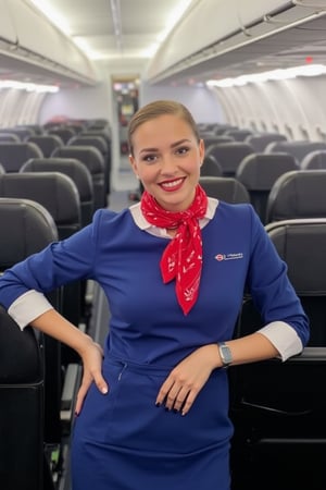 A russian stewardess stands in the aisle of an airplane. She is dressed in a blue dress with a red scarf tied around her neck. Her hair is a ponytail and she is smiling at the camera.  Blue stewardess cap on her head. Red lips. She has a silver wristwatch on her left wrist. The flight attendant's uniform is adorned with a white emblem on the front of her dress. She stands with her left hand on her hip and her right hand is resting on a black seat. The interior of the airplane is lined with rows of black seats. The ceiling of the plane is white, and the lights are turned on.