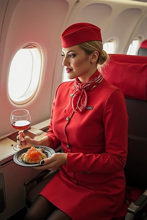 First class of Aeroflot flight. A russian air hostess, scandalous, astonishing, blonde, cyberpunk, perfect, dressed in a red flight attendant uniform, with a sexy short mini-skirt, bentover, serves him a dish of caviar and a glass of wine. The atmosphere on the plane is cozy, luxurious, high_resolution, high quality, professional photo shoot, high brightness. Red stewardess cap