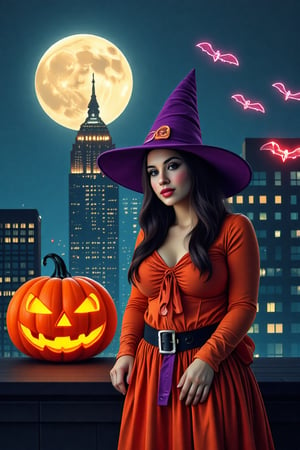 Halloween style. Night. City. Neon lighted moon. Orange neon lighted halloween pumpkin in a left. Three red neon lighted bats in the right. Beautiful witch girl in the center. Orange witch halloween costume. Purple witch hat. Red lips.