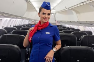 A russian flight stewardess stands in the aisle of an airplane. She is dressed in a blue dress with a red scarf tied around her neck. Her hair is a ponytail and she is smiling at the camera.  Blue stewardess cap on her head. Red lips. She has a silver wristwatch on her left wrist. The flight attendant's uniform is adorned with a white emblem on the front of her dress. She stands with her left hand on her hip and her right hand is resting on a black seat. The interior of the airplane is lined with rows of black seats. The ceiling of the plane is white, and the lights are turned on.