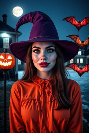 Halloween style. Night. City. Neon lighted moon. Orange neon lighted halloween pumpkin in a left. Three red neon lighted bats in the right. Beautiful 35 years old witch girl in the center. Orange witch halloween costume. Purple witch hat. Red lips.