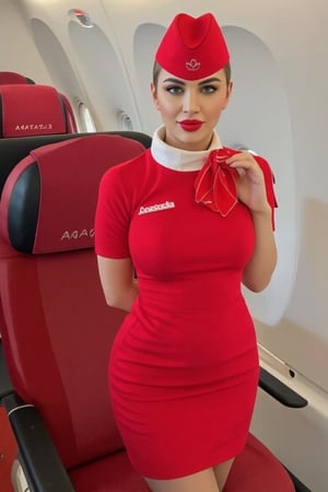 First class of Aeroflot flight. A russian air hostess, brunette, perfect, dressed in a red flight attendant uniform, with a sexy short mini-skirt, bentover, serves him a dish of caviar and a glass of wine. White text "Anastasia" in her dress. Watching at viewer. The atmosphere on the plane is cozy, luxurious, high_resolution, high quality, professional photo shoot, high brightness. Red stewardess cap. Red lips.