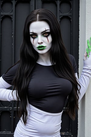 A 3D animated phantom woman stands in front of a black wrought iron gate. She is dressed in a black and white t-shirt with a white collar and long sleeves. Her hair is long and cascades over her shoulders. Her eyes are a piercing green, her lips are pursed in a neutral expression. Her left hand is raised in the air, her right hand resting on her hip. Her right hand is positioned to her right, adding a touch of green to the scene. A phantom halloween makeup in her face,Halloween makeup. White zombie color of her face. Green lips.