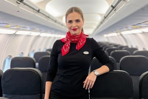 A russian flight stewardess stands in the aisle of an airplane. She is dressed in a black dress with a red scarf tied around her neck. Her hair is a ponytail and she is smiling at the camera.  Blue stewardess cap on her head. Red lips. She has a silver wristwatch on her left wrist. The flight attendant's uniform is adorned with a white emblem on the front of her dress. She stands with her left hand on her hip and her right hand is resting on a black seat. The interior of the airplane is lined with rows of black seats. The ceiling of the plane is white, and the lights are turned on.