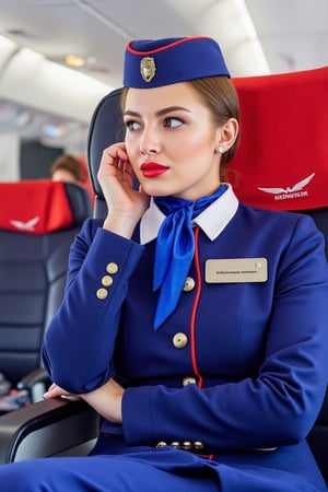 Airplane, airplane interior, Russian stewardess, beautiful face, red lips, blue stewardess uniform, blue skirt, blue stewardess cap, realistic