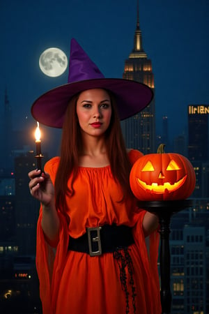 Halloween style. Night. City. Full moon. Beautiful 25 years old witch girl in orange halloween costume. Beautiful face. Red lips. Purple witch hat in your head. Halloween pumpkin in her left hand. Candle in her right hand. Realistic.