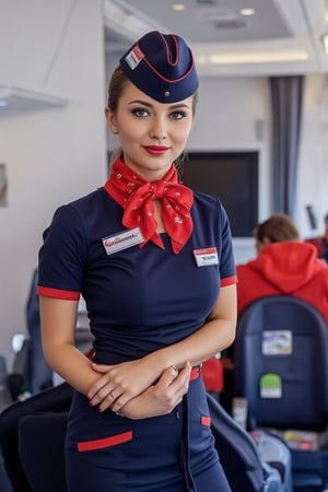 Airplane,Beautiful russian stewardess, Blue and red Stewardess uniform,Red lips, photo, realistic, stewardess cap, stewardess bow tie, stewardess skirt, name tag "Anastasia"