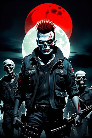 Night. Country. Full moon.  A realistic dark fantasy scene featuring army of the Dead. A lot of zombies. The army of a Dead headed by punk man with big red Mohawk hair. Punk wear in punk clothes with big red anarchy symbol. Horror style.