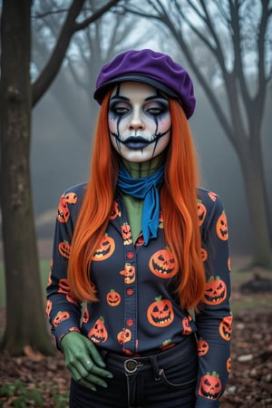 A creepy zombie woman with long orange hair, wearing a halloween style button-down shirt with halloween pumpkin print, a blue scarf around her neck, and a purple cap on her head. The zombie woman's left hand is resting on her hip, adding a touch of touch to the scene. The background is a halloween style creepy painting. Halloween style white and black face makeup. Green creepy body color. Acrylic painted creepy zombie girl.