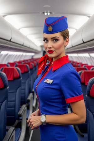 Airplane, airplane interior, Russian stewardess, beautiful face, red lips, Blue and red stewardess uniform, blue skirt, blue stewardess cap, realistic, beautiful hands