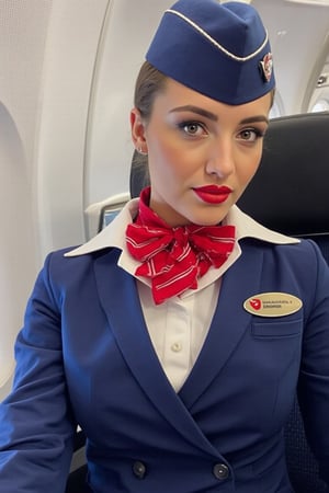 Airplane, Airplane interior, Russian stewardess, Stewardess uniform, Blue stewardess jacket, white stewardess blouse, red stewardess bow tie, Blue stewardess cap, Red lips, realistic, photo 