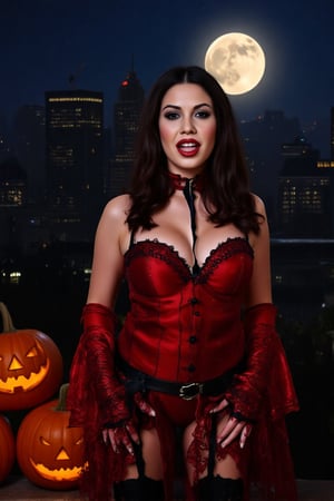 Halloween style. Night. City. Full moon. Beautiful vampire girl in halloween costume with vampire fangs teeth. Vampire makeup. Halloween pumpkins. Realistic.