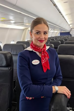 A russian stewardess stands in the aisle of an airplane. She is dressed in a blue dress with a red scarf tied around her neck. Her hair is a ponytail and she is smiling at the camera.  Blue stewardess cap on her head. Red lips. She has a silver wristwatch on her left wrist. The flight attendant's uniform is adorned with a white emblem on the front of her dress. She stands with her left hand on her hip and her right hand is resting on a black seat. The interior of the airplane is lined with rows of black seats. The ceiling of the plane is white, and the lights are turned on. Blue Stewardess cap.