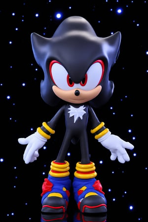 A medium-sized cartoon figure of Shadow Hedgehog stands against a stark black backdrop. The figure, dressed in a vibrant black outfit, adorned with a pair of white gloves, is adorned with gold rings, adding a pop of color to the scene. Its eyes are adorned with large red and yellow accents, creating a striking contrast against the blue space galactical background.