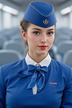 Airplane,Beautiful russian stewardess, Blue Stewardess uniform,Red lips, photo, realistic, stewardess cap, stewardess bow tie, stewardess skirt