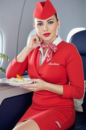 First class of Aeroflot flight. A russian air hostess, brunette, perfect, dressed in a red flight attendant uniform, with a sexy short mini-skirt, bentover, serves him a dish of caviar and a glass of wine. White text "Anastasia" in her dress. Watching at viewer. The atmosphere on the plane is cozy, luxurious, high_resolution, high quality, professional photo shoot, high brightness. Red stewardess cap. Red lips.