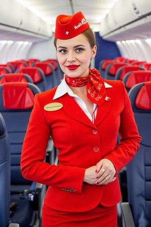 Airplane, airplane interior, Russian stewardess, beautiful face, red lips, red stewardess uniform, red skirt, red stewardess cap, realistic, beautiful hands