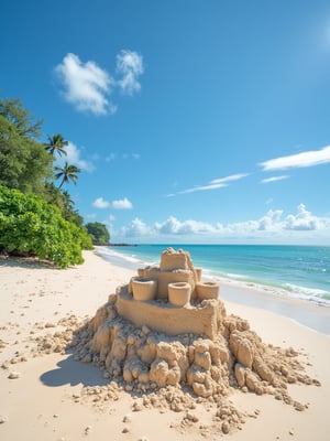 Tropical beach,Sand,Ocean,Blue Skye,Clouds,No humans, big sand castle, photo, realistic