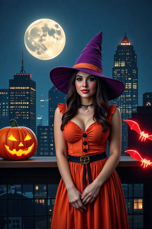 Halloween style. Night. City. Neon lighted moon. Orange neon lighted halloween pumpkin in a left. Three red neon lighted bats in the right. Beautiful 35 years old witch girl in the center. Orange witch halloween costume. Purple witch hat. Red lips.