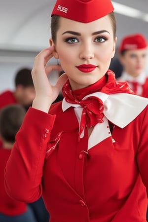 Airplane,Beautiful russian stewardess, Stewardess uniform,Red lips, photo, realistic, stewardess cap, stewardess bow tie, stewardess skirt