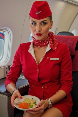 First class of Aeroflot flight. A russian air hostess, scandalous, astonishing, blonde, cyberpunk, perfect, dressed in a red flight attendant uniform, with a sexy short mini-skirt, bentover, serves him a dish of caviar and a glass of wine. White text "AEROFLOT" in her uniform. The atmosphere on the plane is cozy, luxurious, high_resolution, high quality, professional photo shoot, high brightness. Red stewardess cap. Red lips.