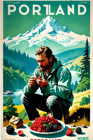 //quality, (masterpiece:1.4), (detailed), ((,best quality,)),//highly detailed Travel poster of PORTLAND, mount Hood in background, A homless man eating berries, with the text "PORTLAND" at the top, big fonts,flat 2d image,mint color pallette, intricately detailed, best quality, digital art style, well defined outer edges, vintage travel poster, 