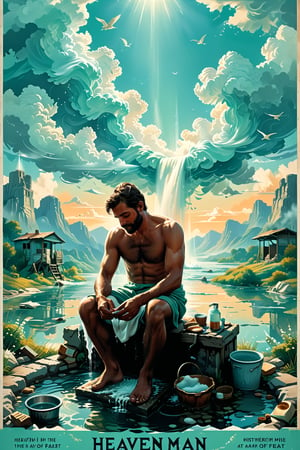 //quality, (masterpiece:1.4), (detailed), ((,best quality,)),//highly detailed Travel poster of HEAVEN, HEAVEN in background, A homless man washing his feet, with the text "HEAVEN" at the top, big fonts,flat 2d image,mint color pallette, intricately detailed, best quality, digital art style, well defined outer edges, vintage travel poster, 